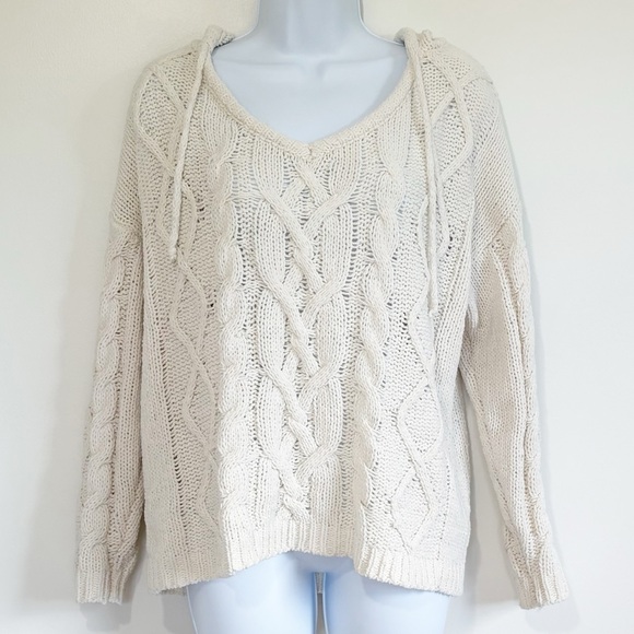 Love Tree Sweaters - Love Tree V-Neck Cable Knit Hooded Sweater Ivory Womens Medium